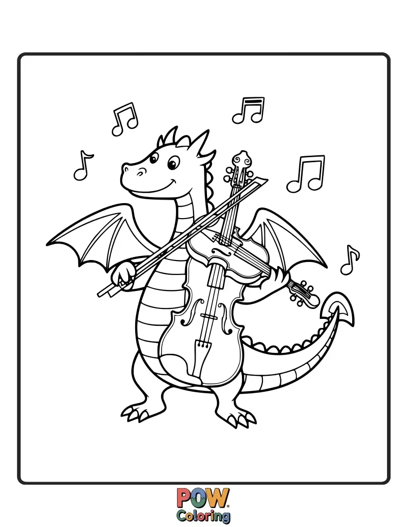 Free coloring page of A friendly dragon breathes musical notes instead of fire while playing a beautiful violin.