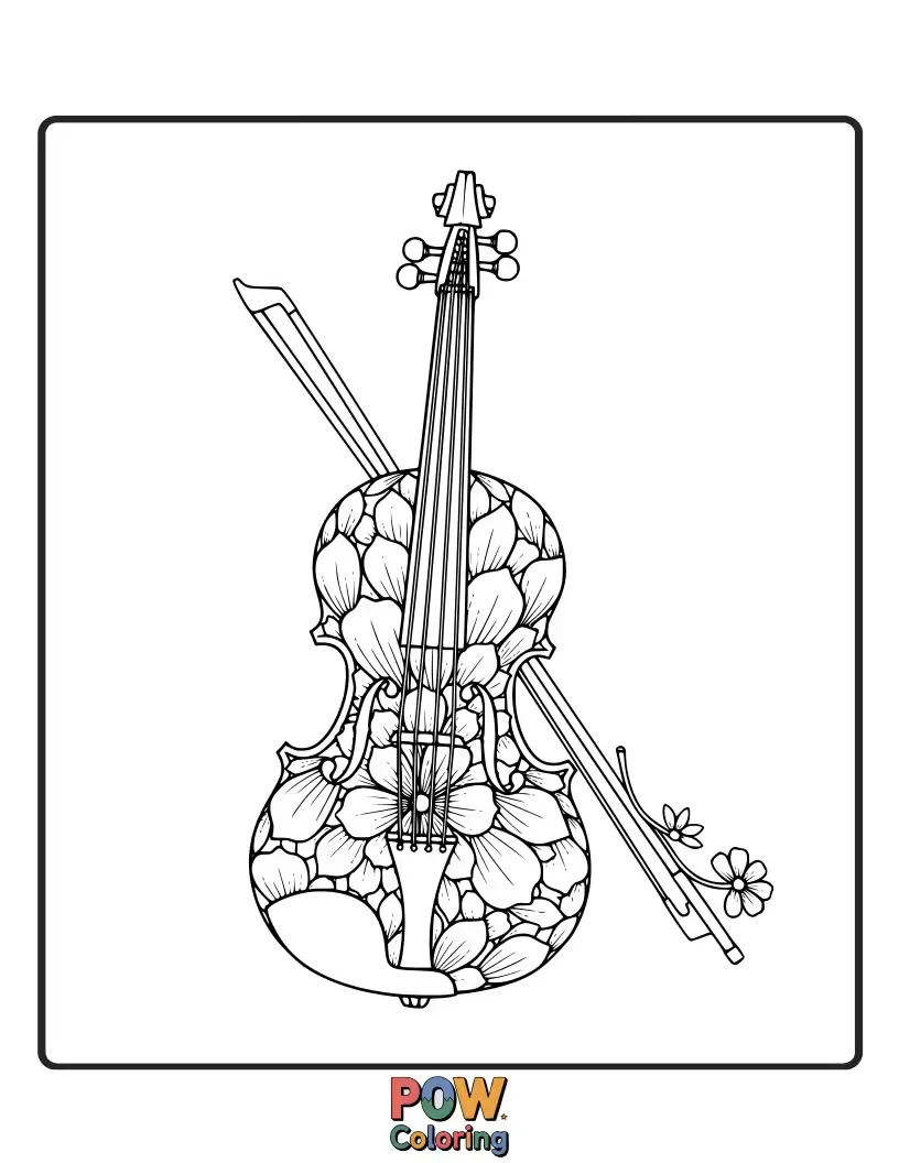 Free coloring page of A violin is intricately crafted from colorful flower petals, a beautiful natural artwork.