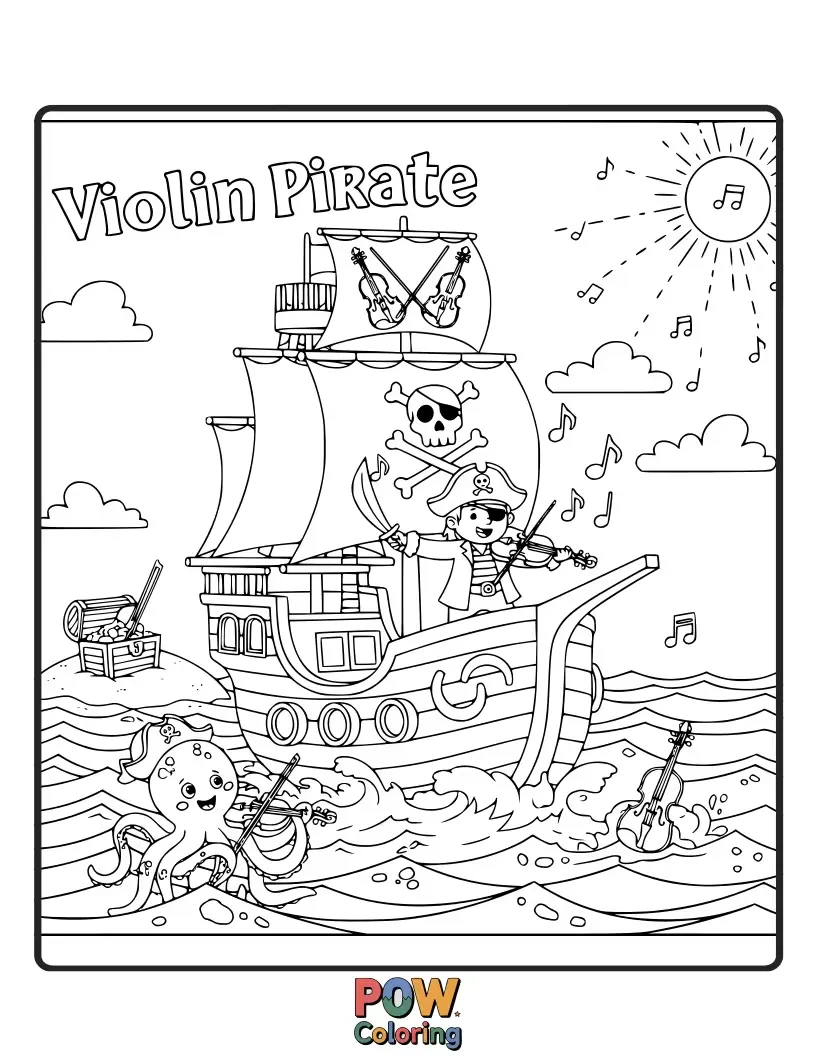Free coloring page of A pirate mouse with an eyepatch plays a swashbuckling tune on a violin at sea.