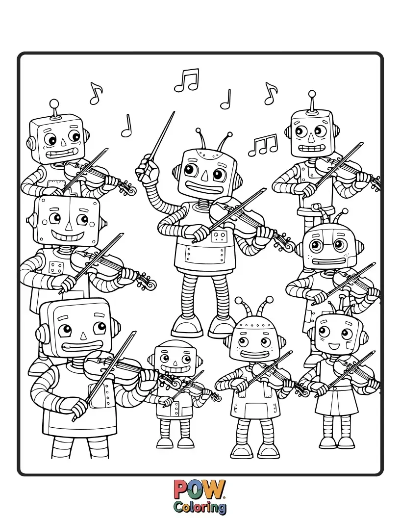 Free coloring page of A team of charming robots plays a synchronized symphony on various sizes of violins.