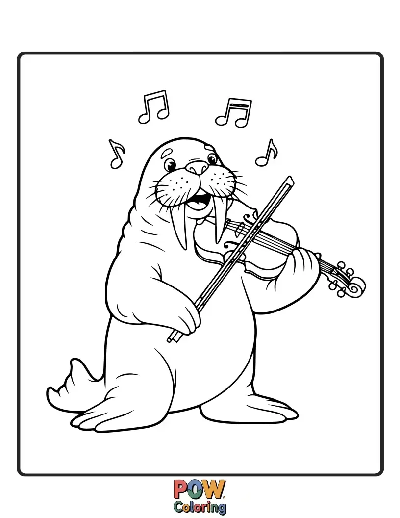 Free coloring page of A distinguished walrus wearing a monocle, playing a beautiful violin with grace. Sophisticated, funny, and unexpectedly musical.
