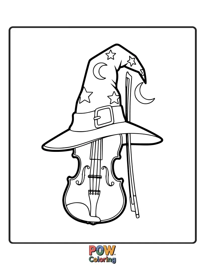 Free coloring page of A magical violin is nestled inside a pointy wizard's hat, surrounded by stars.
