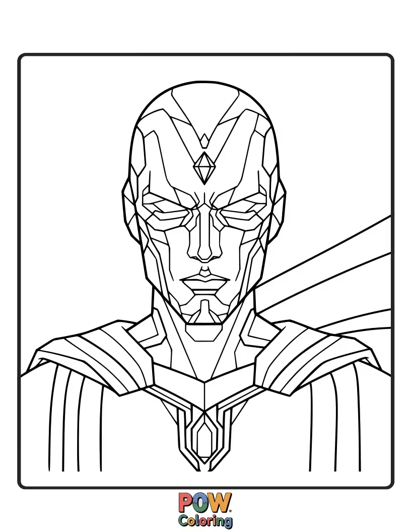 Free coloring page of Emphasize Vision's unique, somewhat geometric robotic structure and the intricate lines of his body.