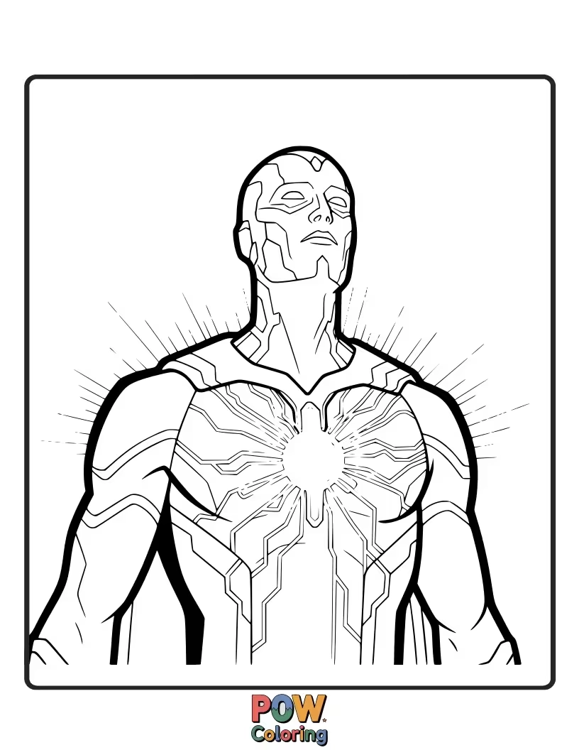 Free coloring page of Color Vision's serene face and the radiant Mind Stone on his forehead. Highlight his unique metallic sheen.