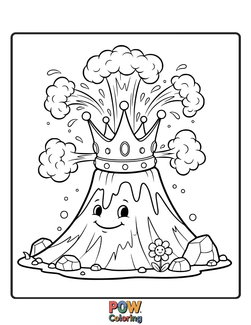 Free coloring page of A dynamic crown featuring a mini volcano spewing colorful lava and ash, an exciting design.