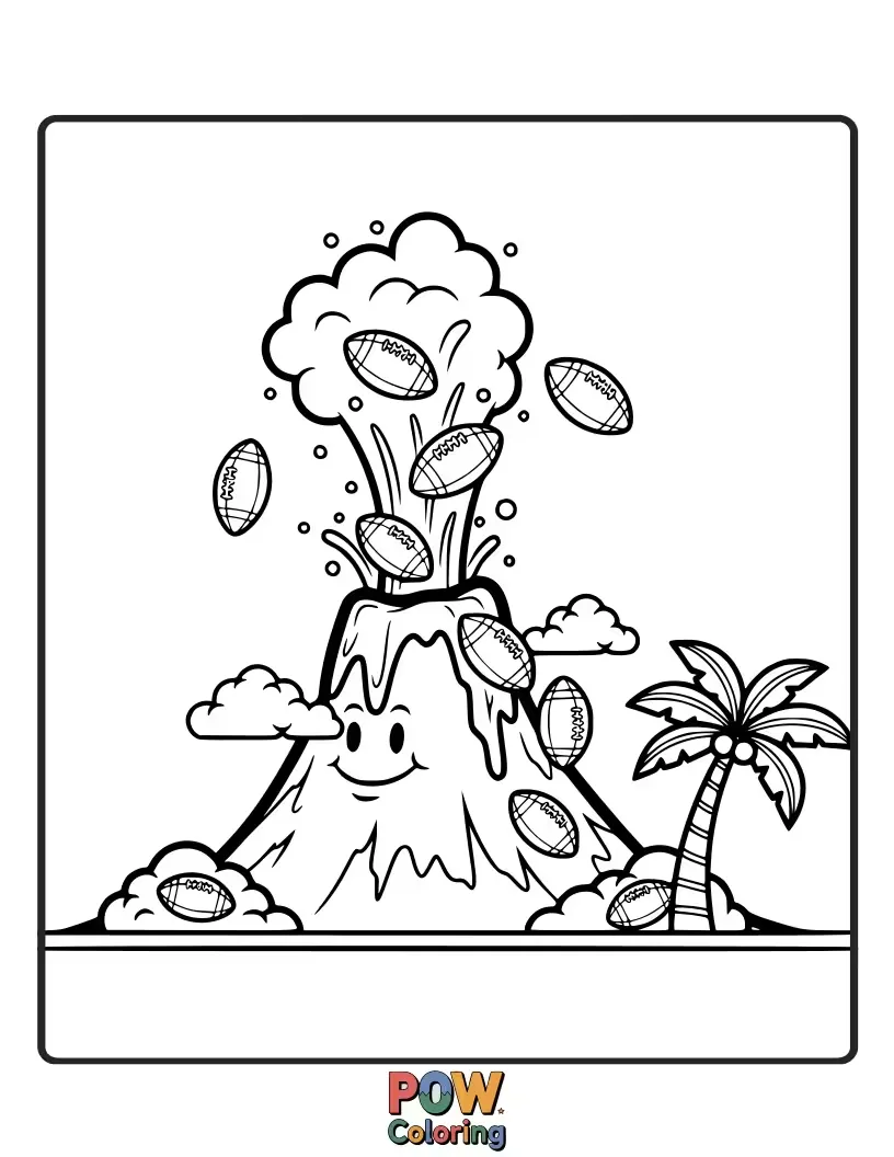 Free coloring page of A friendly volcano gently kicking a football, with small puffs of smoke. Energetic and unique.