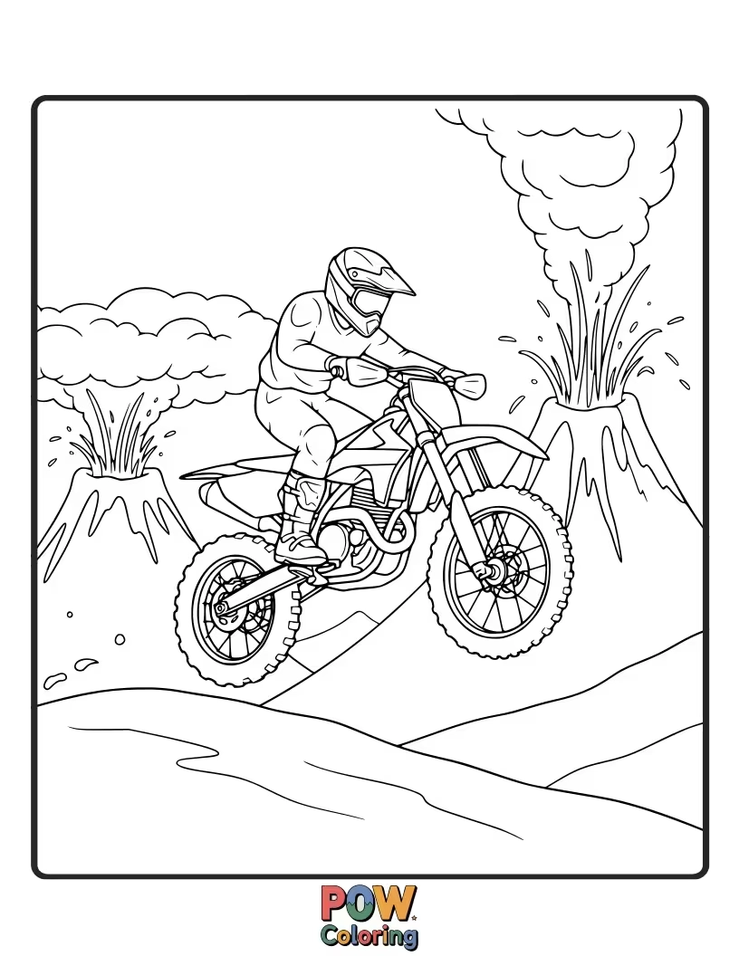 Free coloring page of A dirt bike on a black volcanic rock trail, with smoke billowing from a distant volcano.