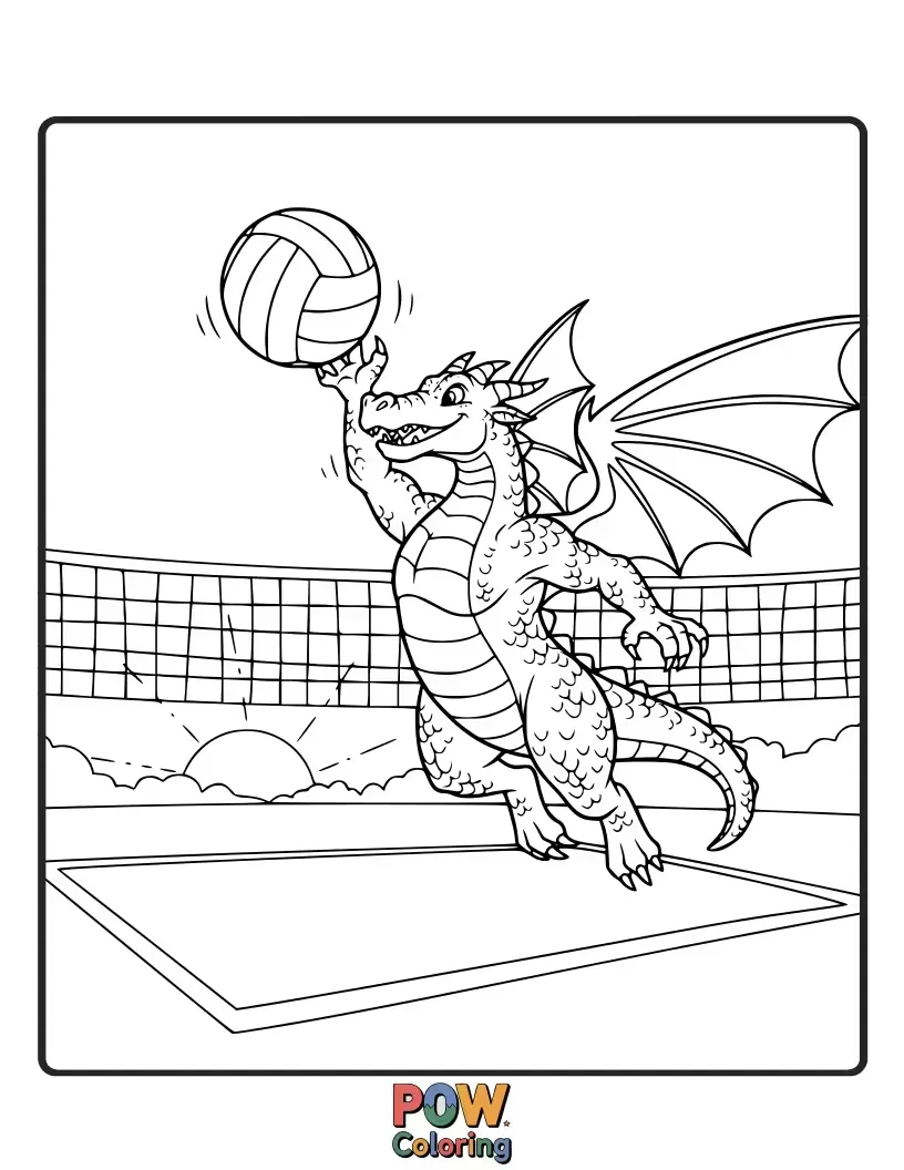 Free coloring page of Gentle dragon playfully dunking a volleyball over a net.