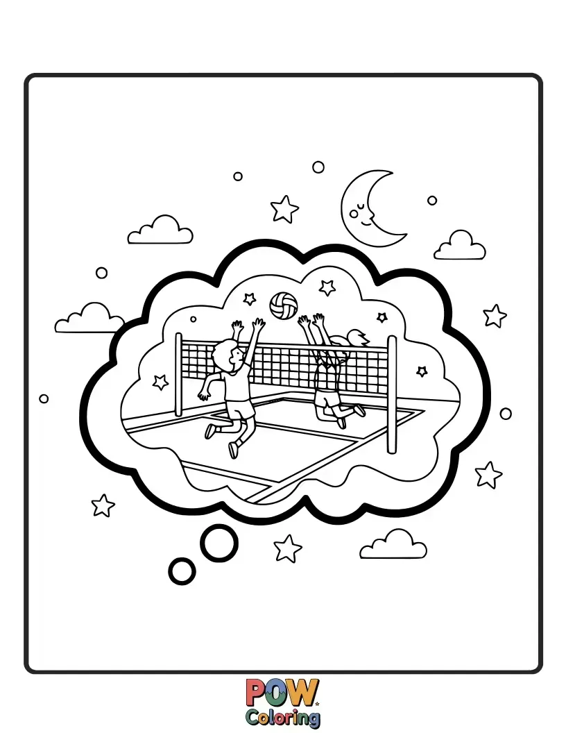 Free coloring page of Soft, dreamlike cloud sculpted into a volleyball, set against a serene pastel sky.