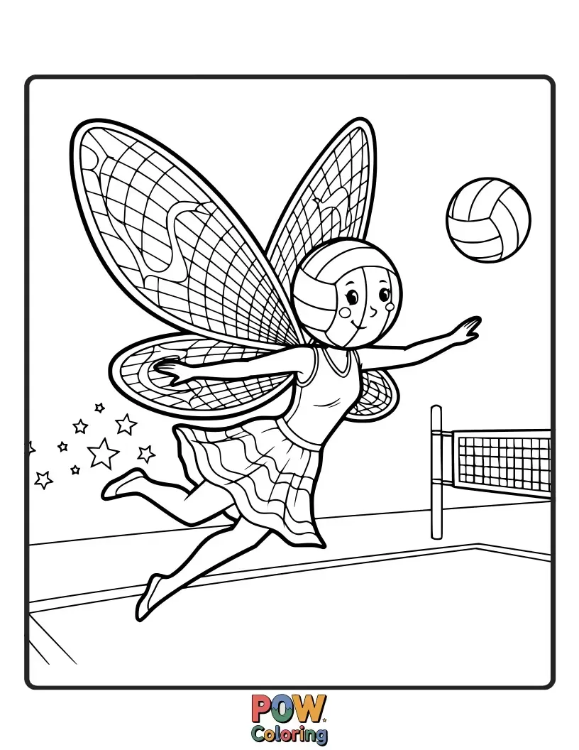 Free coloring page of Delicate fairy in a magical forest, gracefully spiking a volleyball near glowing mushrooms.