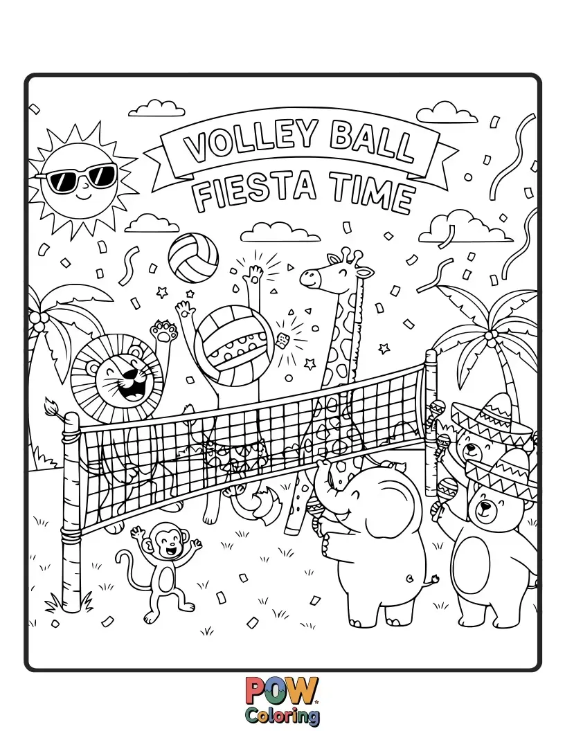 Free coloring page of Lively cartoon fruits and vegetables in festive attire playing volleyball at a lively party.