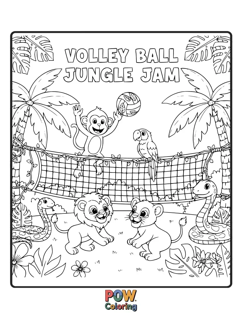 Free coloring page of Lively monkeys and parrots playing volleyball amidst dense jungle foliage.