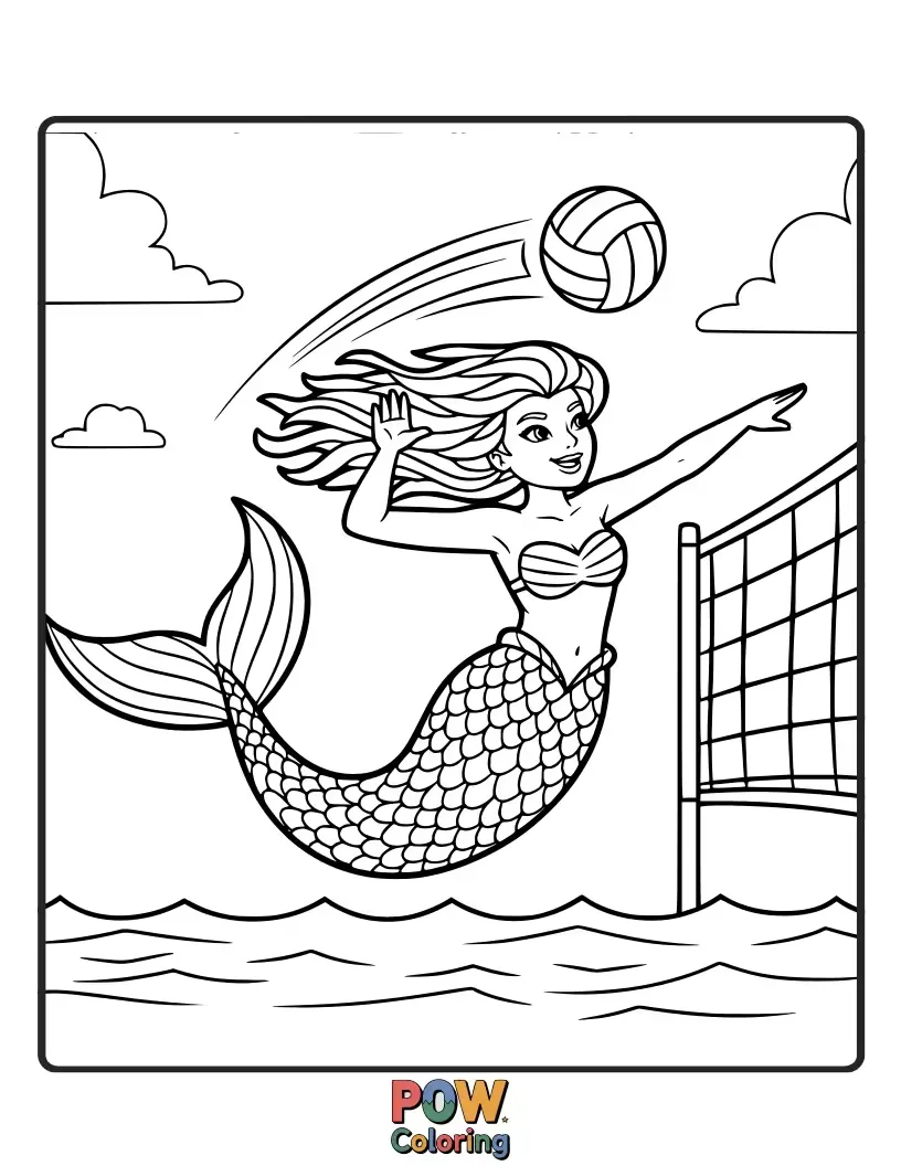 Free coloring page of Elegant mermaid performing a powerful volleyball smash underwater with fish around.