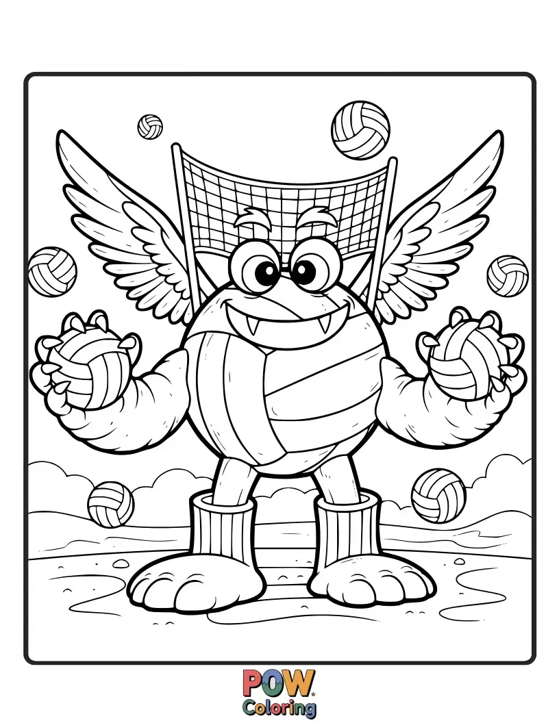 Free coloring page of Group of cheerful, funny monsters playing a lively game of volleyball together.