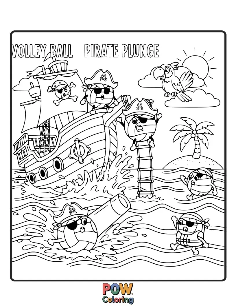 Free coloring page of Pirate captain on a tropical island serving a volleyball next to a treasure chest.