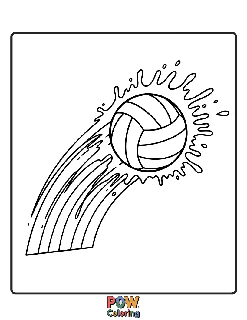 Free coloring page of Colorful volleyball in motion, creating a spectacular rainbow splash effect in the air.