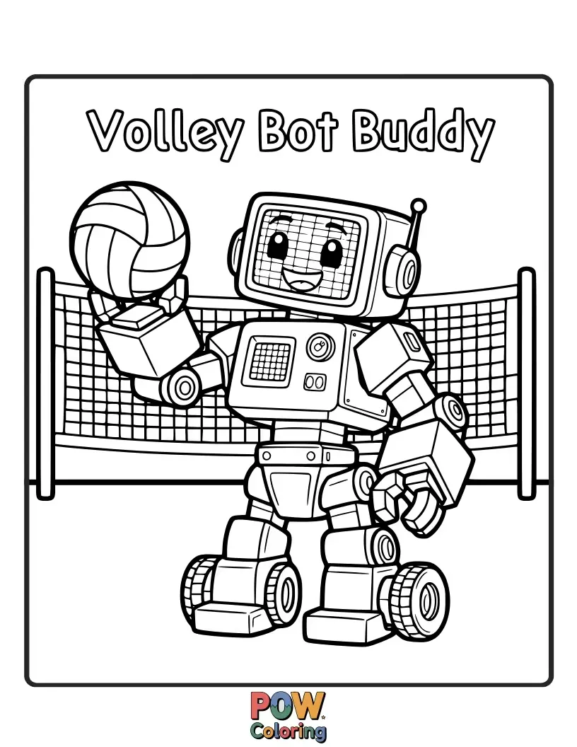 Free coloring page of Two cute robots cooperating to block a volleyball, illustrating friendship.