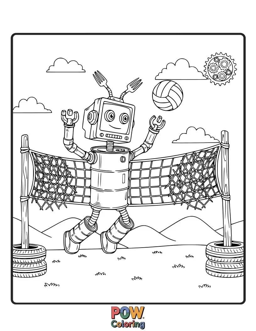 Free coloring page of Robot constructed from recycled items playing volleyball with a unique ball.