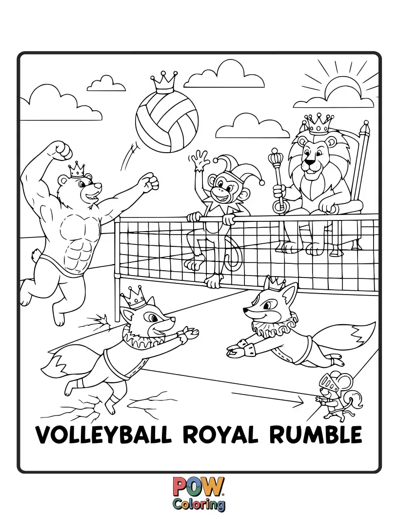 Free coloring page of King and queen in royal attire playing volleyball in a castle courtyard.