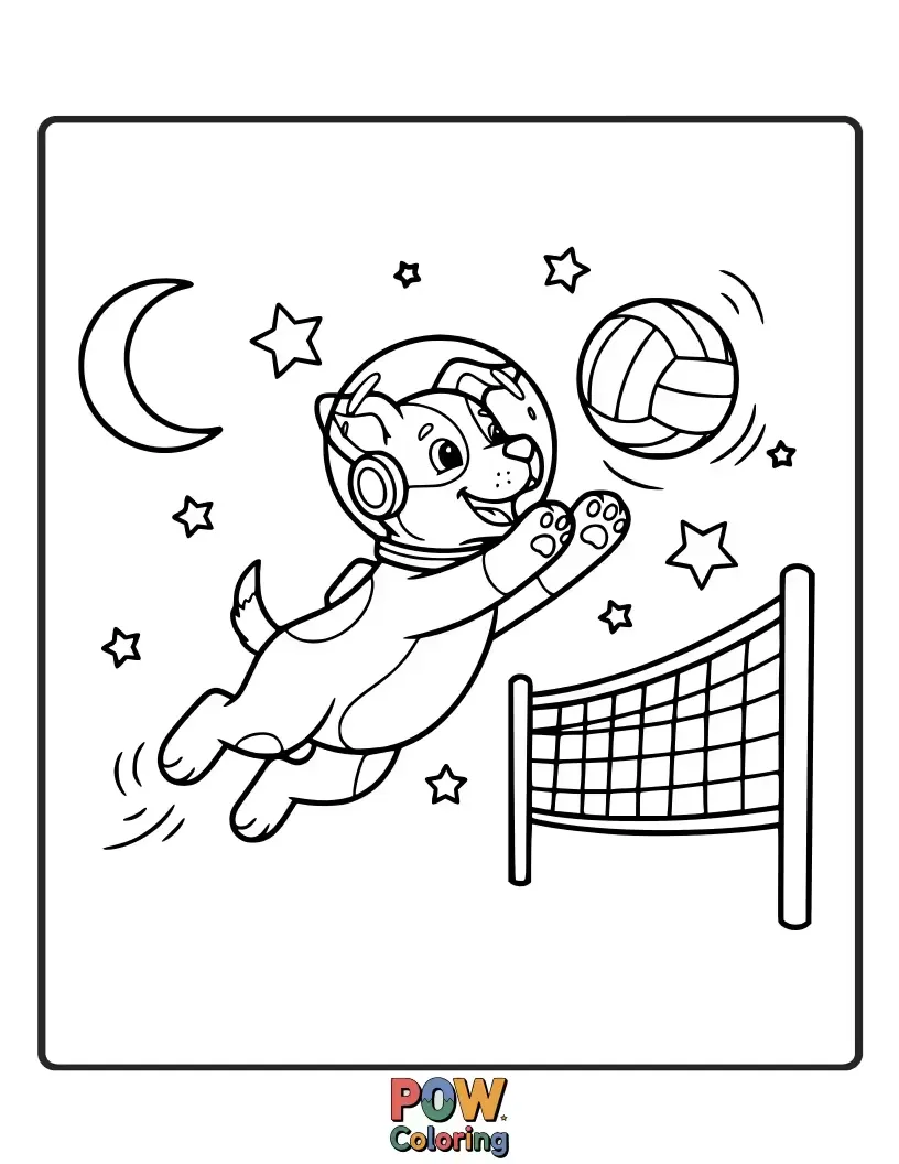 Free coloring page of Small puppy in a space suit retrieving a volleyball near the moon.