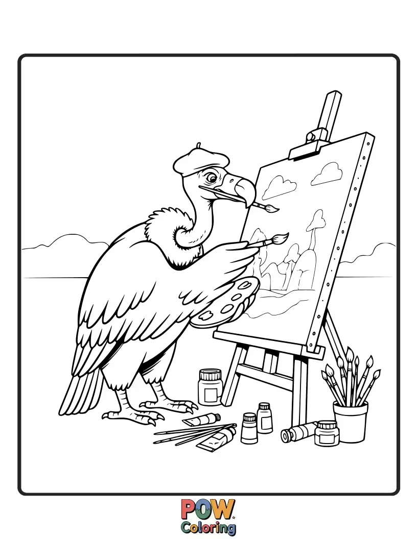 Free coloring page of A focused vulture artist, palette in beak, painting a vibrant sunset over a picturesque landscape.