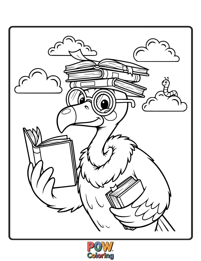 Free coloring page of A gentle vulture wearing glasses, engrossed in a large, open book filled with imaginative illustrations.