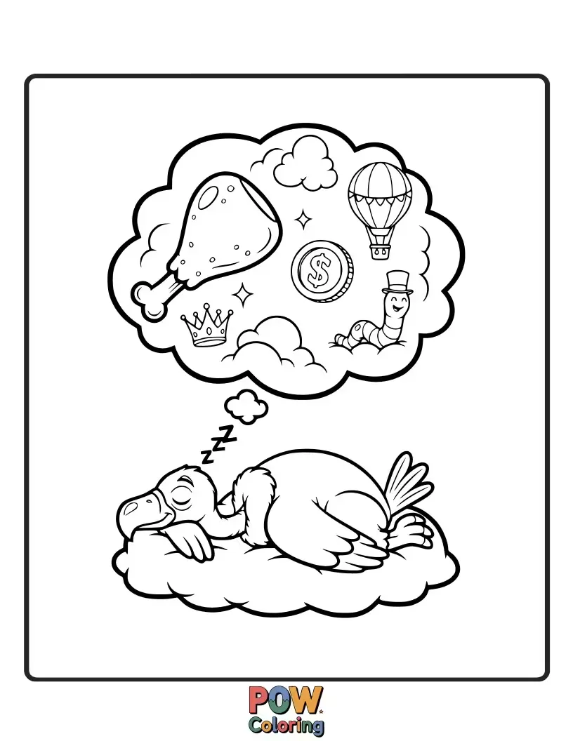 Free coloring page of A serene vulture peacefully napping on a fluffy cloud, surrounded by twinkling stars and a crescent moon.