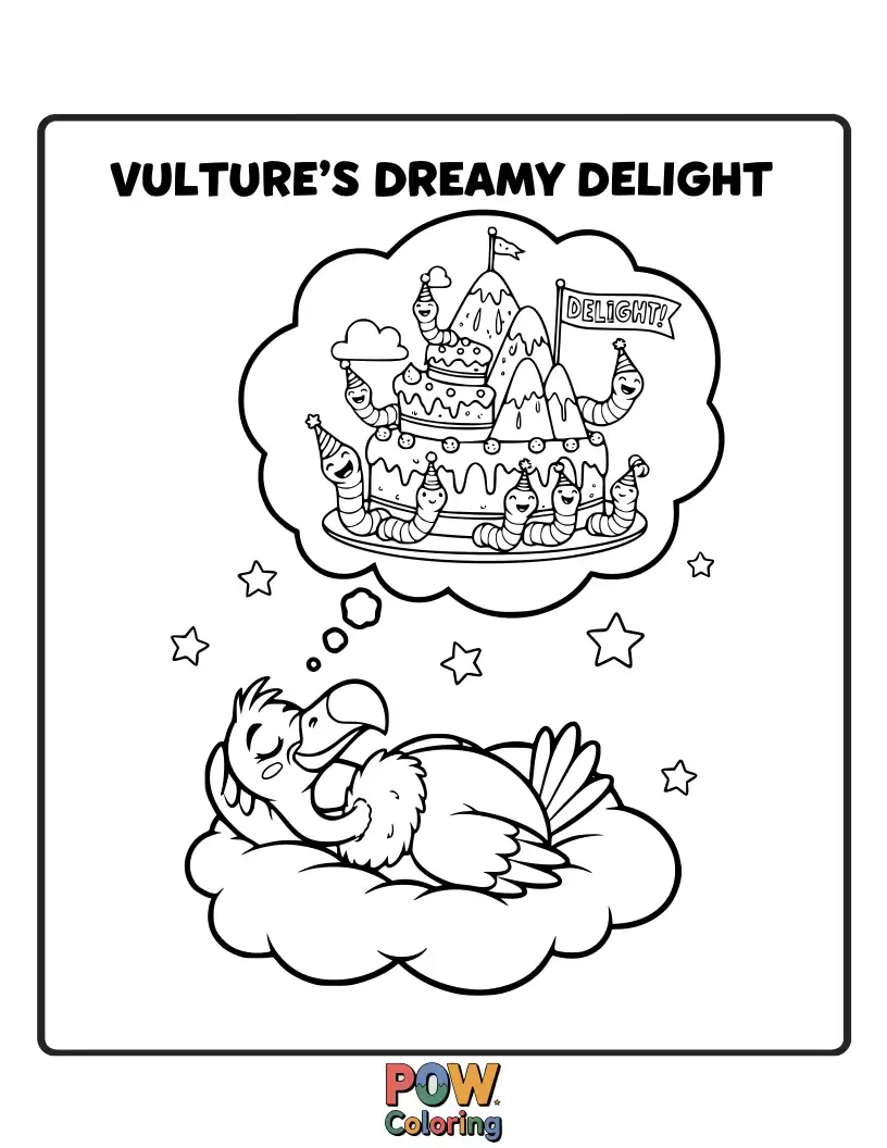 Free coloring page of A contented vulture dreaming of delicious treats, with thought bubbles showing cupcakes and cookies.