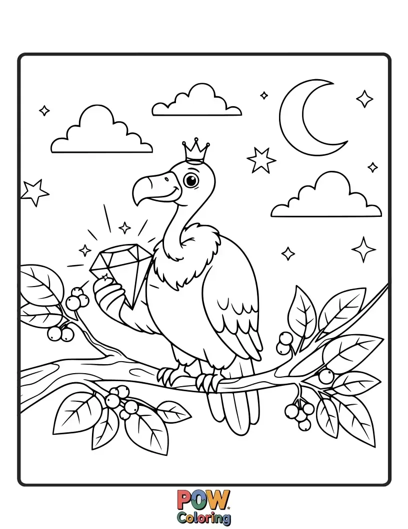 Free coloring page of A regal vulture adorned with a single, sparkling emerald, exuding elegance and charm.