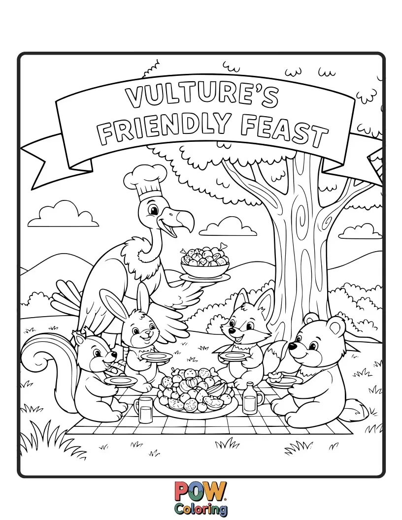Free coloring page of A kind vulture sharing berries with a group of tiny forest creatures, creating a peaceful scene.