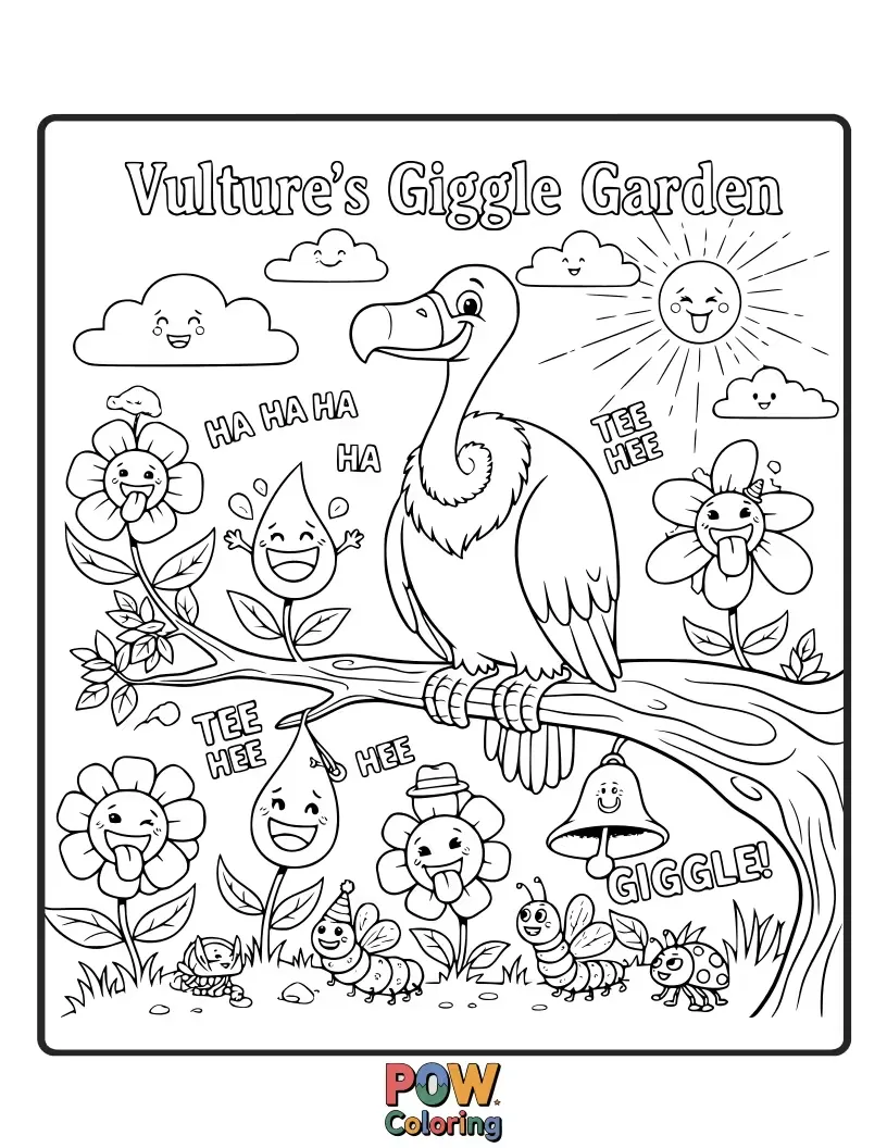 Free coloring page of A cheerful vulture tending to a garden of oversized, smiling flowers and giggling mushrooms.