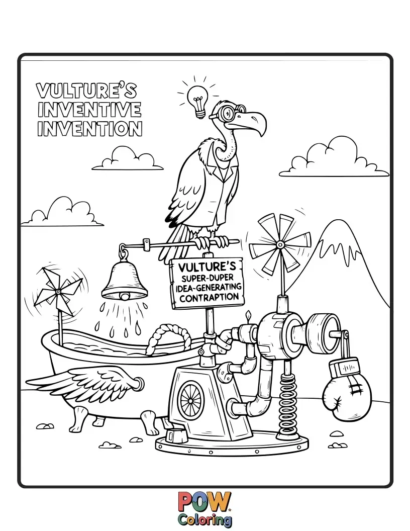 Free coloring page of A creative vulture sketching a fantastical flying machine, surrounded by blueprints and gears.
