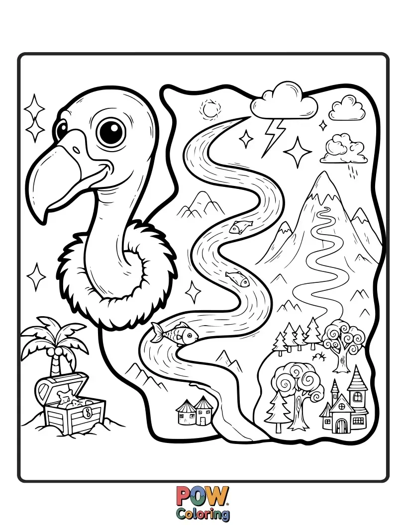 Free coloring page of An adventurous vulture studying an ancient, rolled-up treasure map filled with mysterious symbols.