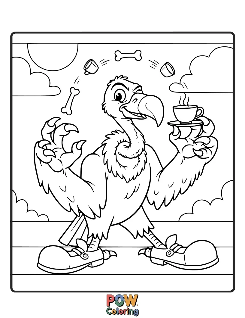 Free coloring page of A mischievous vulture playing with a ball of yarn, its fluffy tail wagging with excitement.