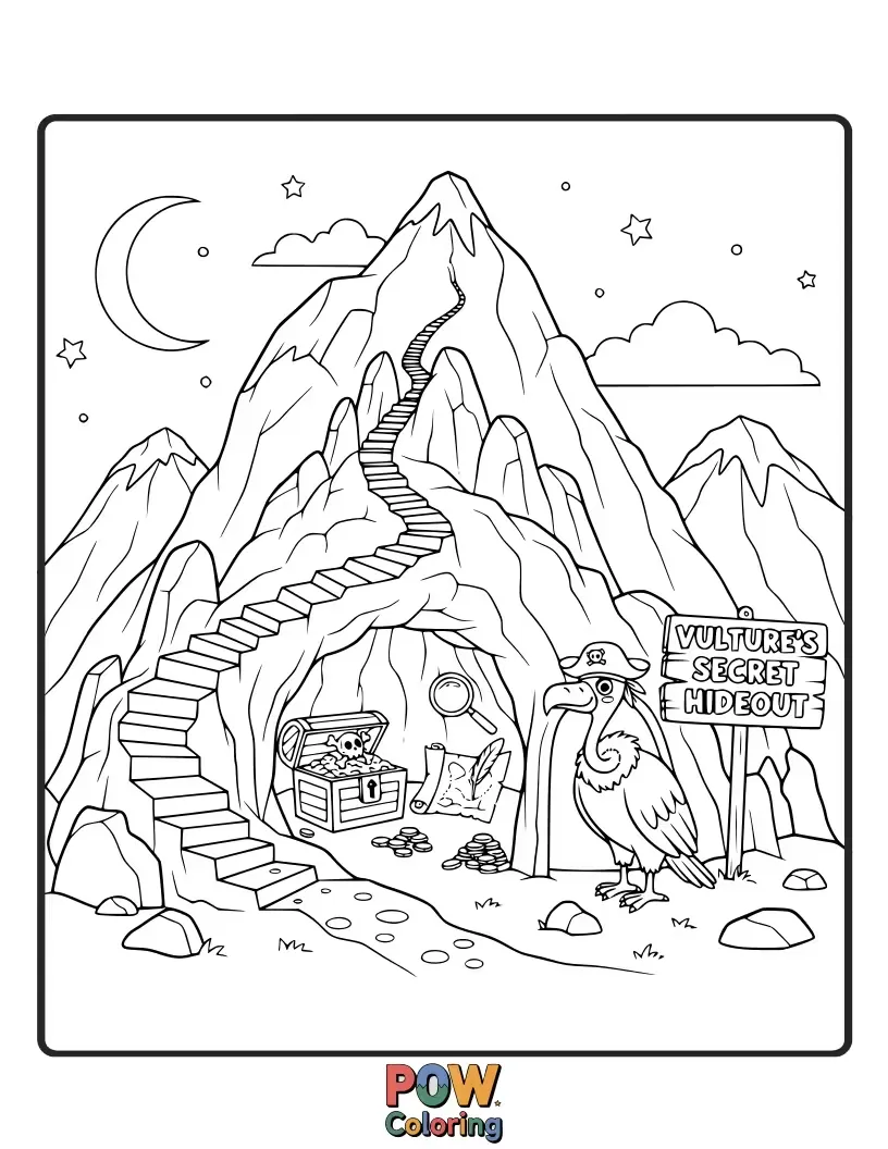 Free coloring page of A clever vulture peeking out from a hidden tree hollow, decorated with small trinkets.