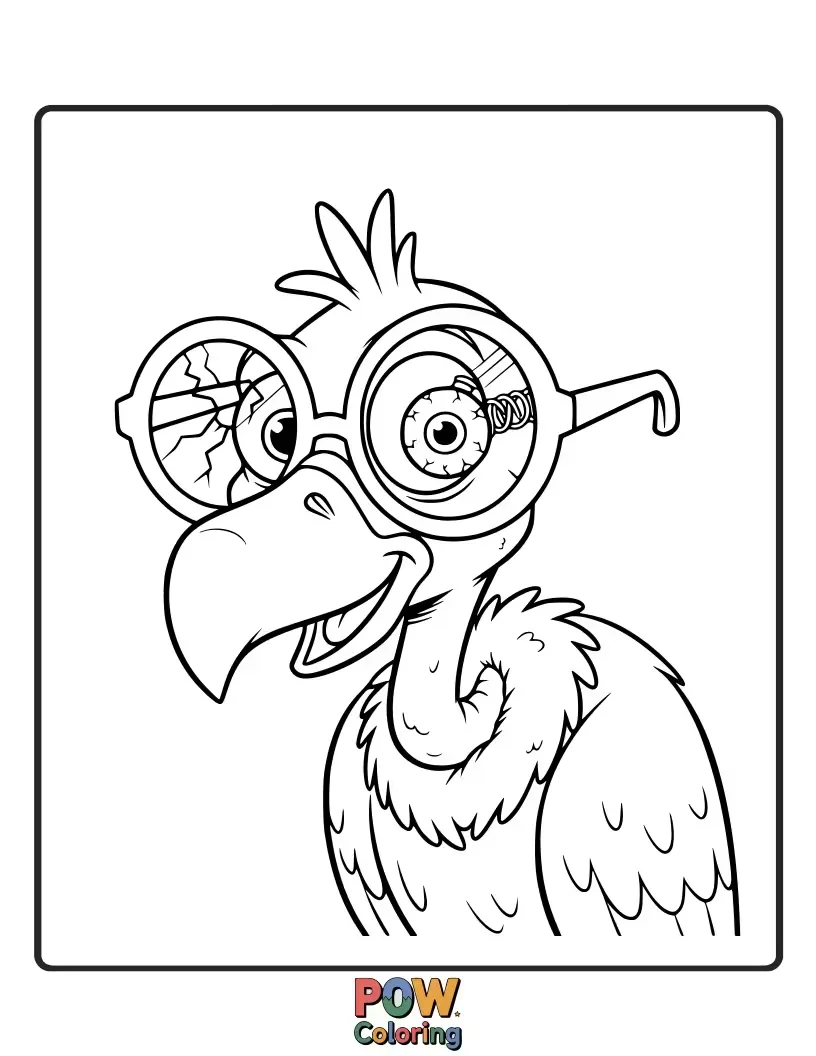 Free coloring page of A comical vulture sporting oversized, mismatched spectacles, peeking curiously from behind a giant leaf.