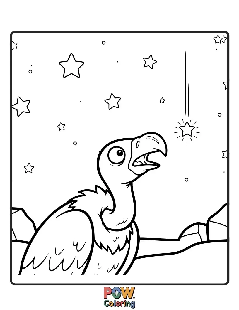 Free coloring page of A happy vulture holding a glowing star, its face illuminated by its soft light.