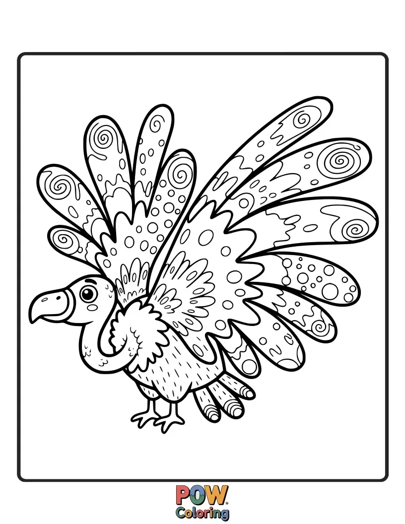 Free coloring page of A graceful vulture with intricately patterned wings, each feather a unique design waiting to be colored.