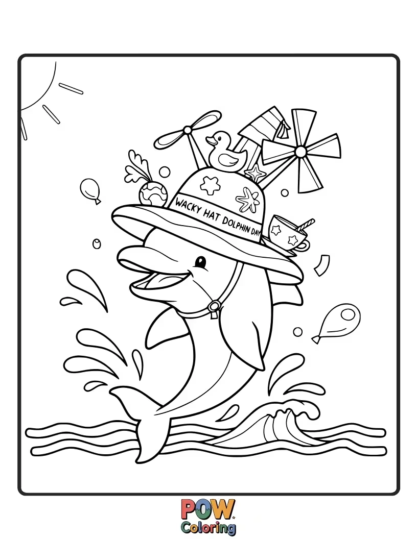 Free coloring page of This dolphin has donned a hilariously oversized and colorful hat. What’s the occasion?