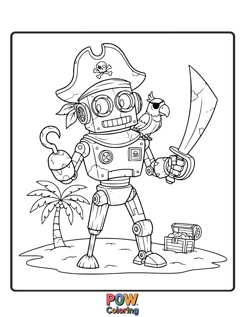 Free coloring page of A clunky, friendly robot dressed as a pirate, holding a rusty cutlass and beeping merrily.