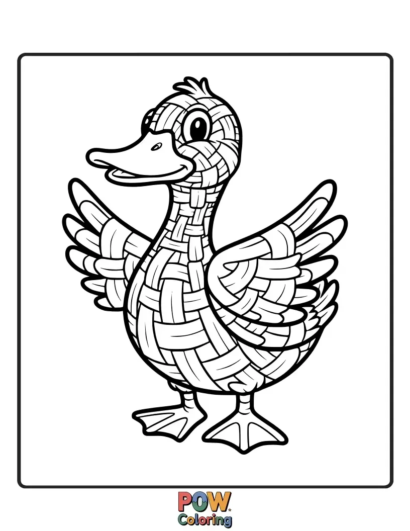 Free coloring page of A quirky duck designed with a woven, patterned texture, offering a textured coloring challenge.