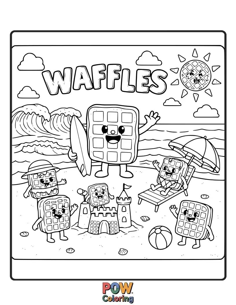 Free coloring page of Catch some waves with beach-loving waffles building sandcastles out of cookie crumbs and swimming in syrup pools.