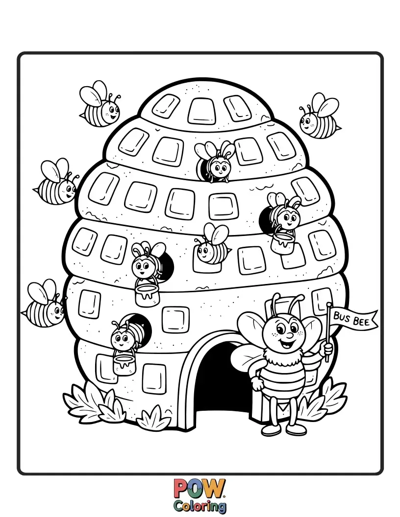 Free coloring page of Discover a sweet surprise in a waffle beehive, where busy bees collect nectar from syrup flowers.