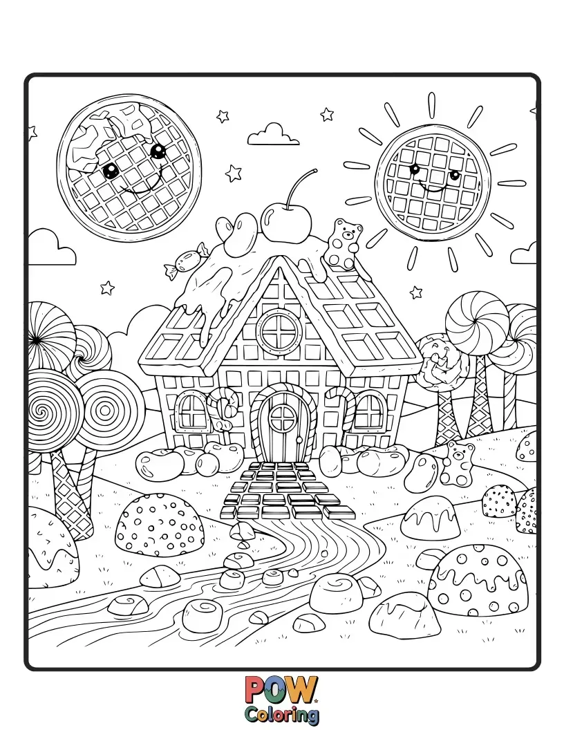 Free coloring page of Indulge in a sweet escape to Candy Land, where waffle roads are paved with syrup and lollipop trees grow.