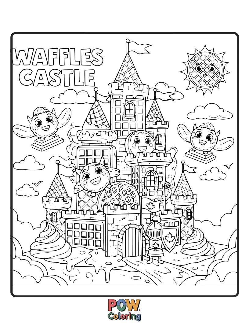 Free coloring page of Explore a magnificent waffle castle, complete with syrup moats and berry battlements, guarded by friendly waffle knights.