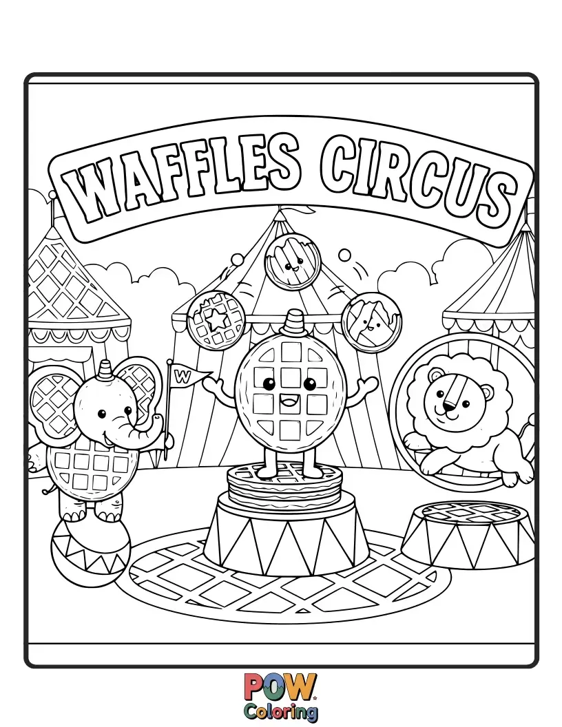 Free coloring page of Roll up for a spectacular show with acrobatic waffles, juggling syrup bottles, and a syrup cannon!