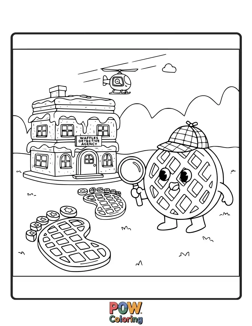 Free coloring page of Solve delicious mysteries with a waffle detective, following syrup clues and questioning berry witnesses.