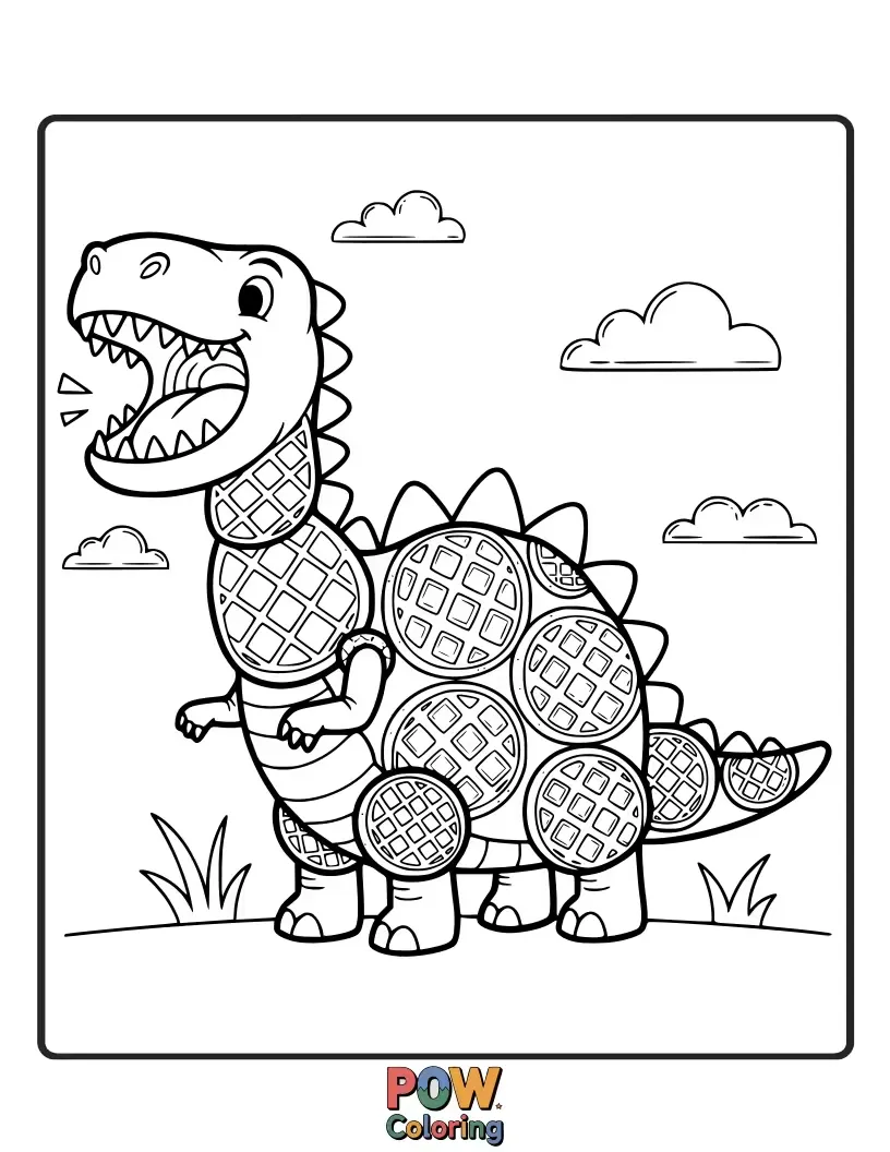 Free coloring page of Roar with delight as a friendly waffle dinosaur stomps through a prehistoric landscape, munching on berry bushes.