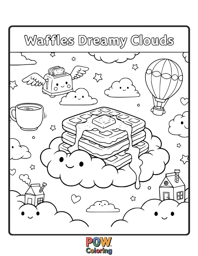 Free coloring page of Float on soft, fluffy clouds made of whipped cream, with a stack of dreamy waffles floating by.