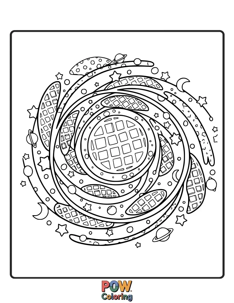 Free coloring page of Get lost in a mesmerizing galaxy of swirling syrup colors, with star-shaped waffles twinkling brightly.